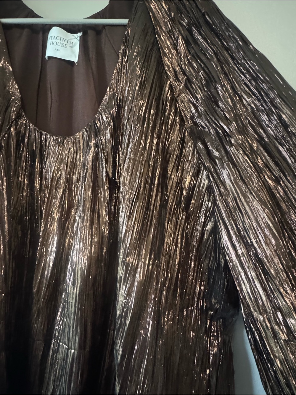 Tuckernuck Metallic Brown Pleated Midi Dress with Balloon Sleeves - Picture 6 of 9